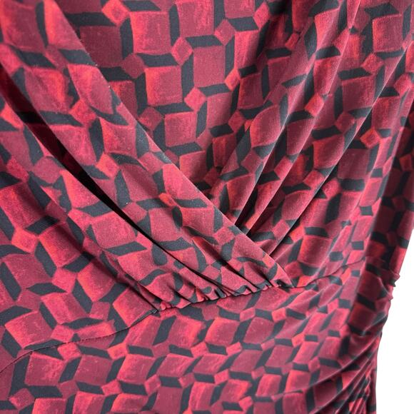 Lauren Ralph Lauren Red Black 3/4 Sleeve Faux Wrap Stretchy Jersey Knit Dress 4 - Picture 3 of 8